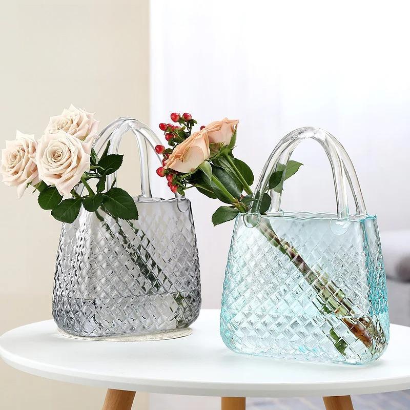 Ästhetische Gewebemuster Handtasche Glasvase Transparent Bunt Hydrokultur-Vase Mini-Aquarium Foto-Requisite Modernes Zuhause Tischdekoration