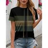 Ummer Round Neck Color - Block Stripe 3D Print Top Fashionable Casual Short Sleeved Women's T-shirts