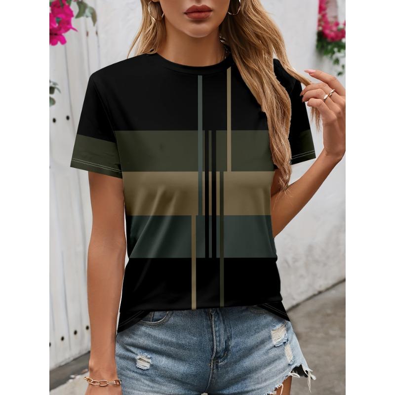 ummer Round Neck Color - Block Stripe 3D Print Top Fashionable Casual Short Sleeved Women's T-shirts