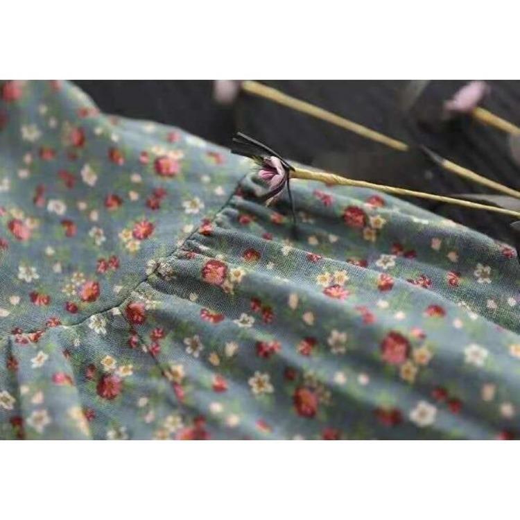 Vintage Floral Print Cotton Linen Blouse for Women Asian Size Long Sleeve Top Casual Lace Patchwork Collar Artistic Autumn Button Shirt
