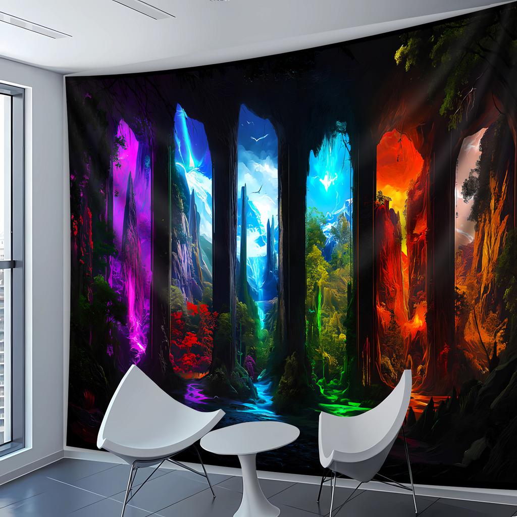 Fantasy Cave Tapestry, Colorful Light Portals In Rock Formations, Mystical Landscape Wall Art For Home Dorm Background