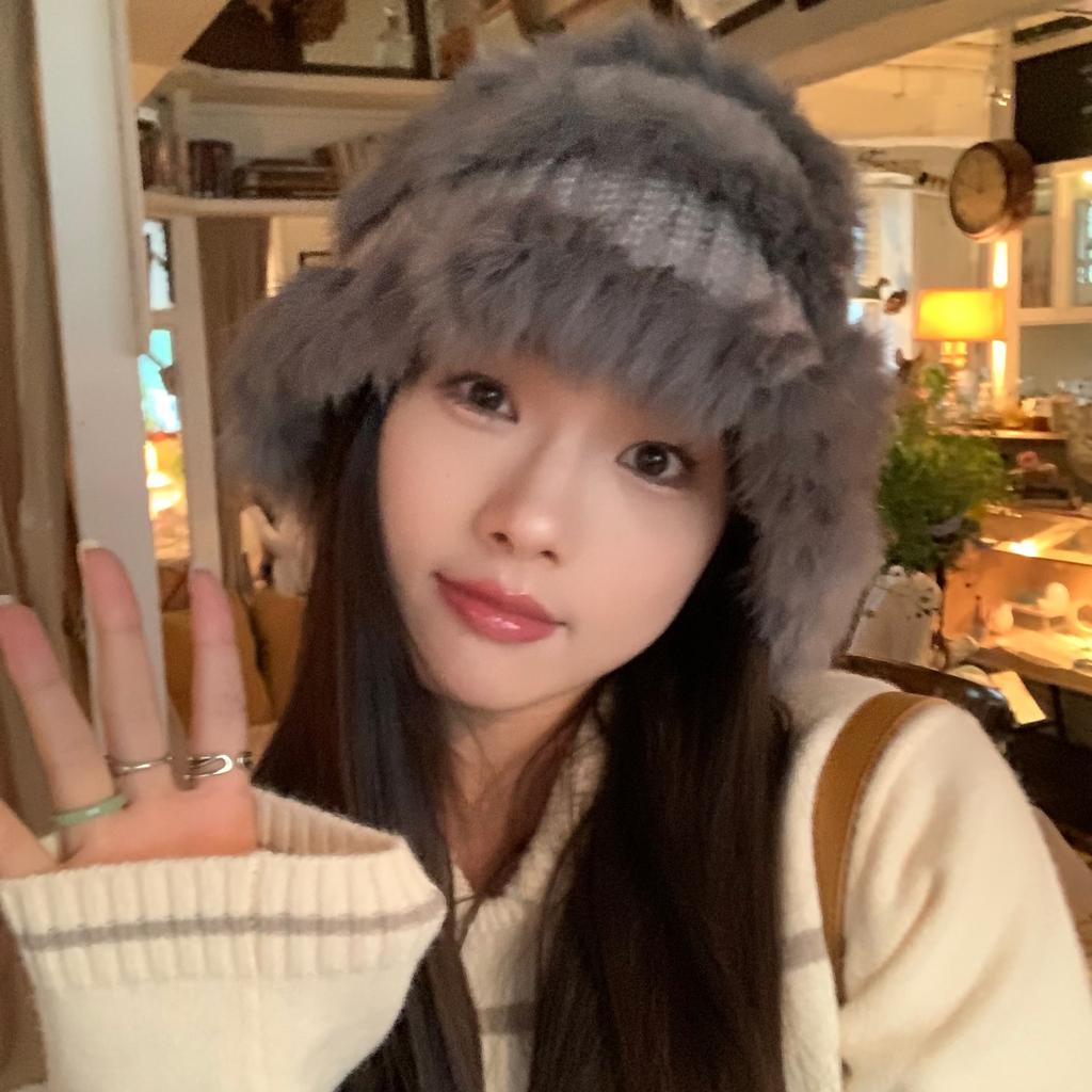 Rabbit Fur Knitted Woolen Hat for Women In Winter Cute Face Showing Small Warm Hat  Thickened Ear Protection Hat  Plush Bucket Hat