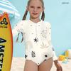 Girls Cream White High Neck Long Sleeve Front Zip Floral Printed One Piece Swimsuit