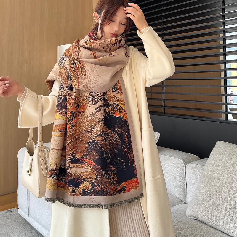 Ethnic Style Landscape Oil Painting Scarf - Autumn/Winter Fashion for Female Students, Warm Imitation Cashmere Shawl