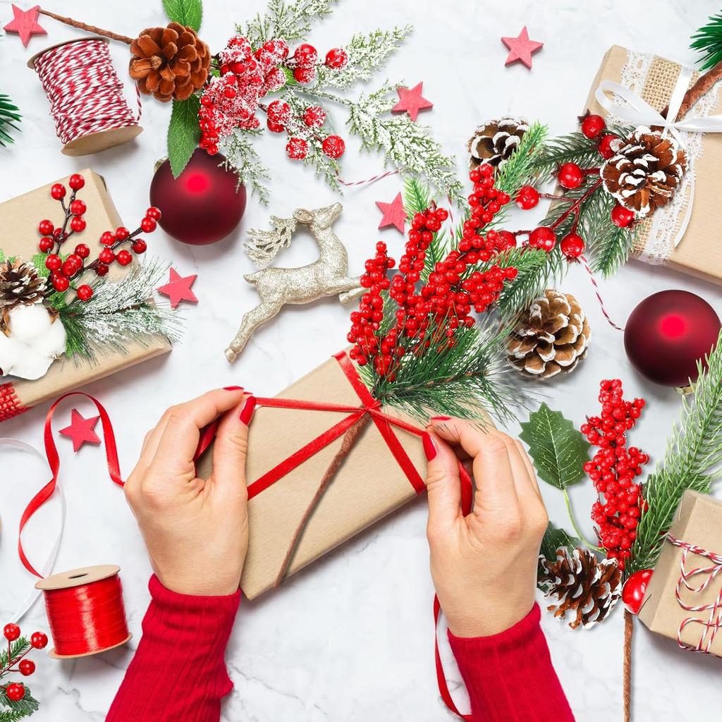 Christmas Decorations Red Berry Artificial Pine Bouquet Branch Xmas Tree Ornament Home Decor New Year 2026 DIY Gifts Accessories