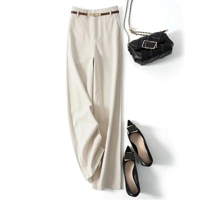 Spring Autumn Wool Pants Women Fashion Office Ladies High Waist Wide Leg Pants Casual Loose Solid Straight Full Length Pants