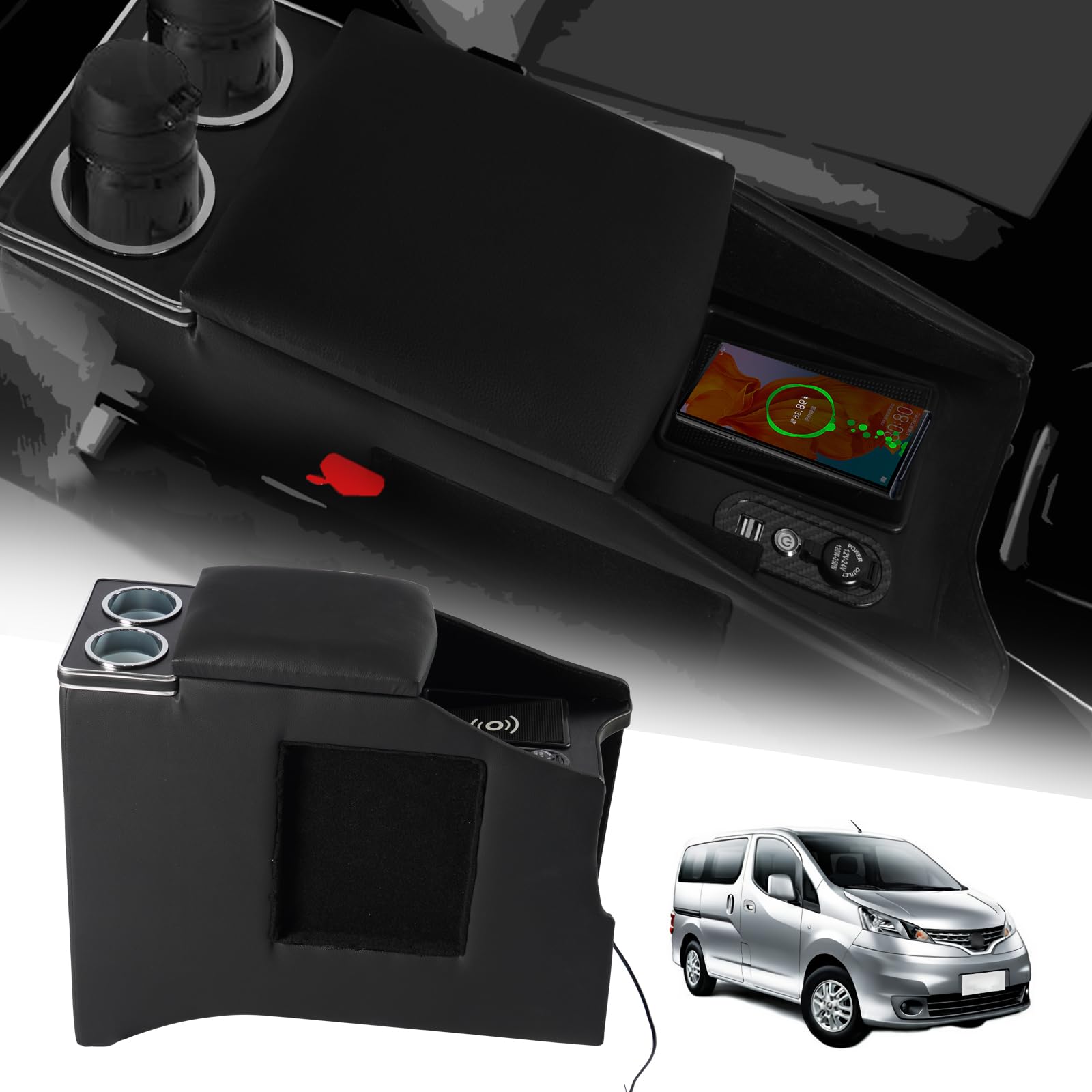 

YESHMA Беспроводная зарядная консоль для Nissan NV200 Консоль с подстаканниками, умным USB и удобным хранением Vanette, Подлокотник, Подлокотник,