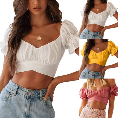 Blusa Crop Feminina Moda Babado Manga Curta Ombro a Ombro Amarração nas Costas