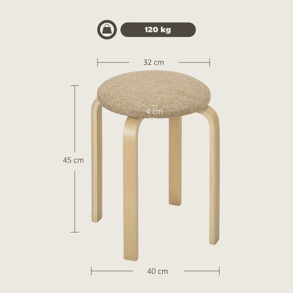 Stackable Stools, Set of 4, Round, Padded Seat, 40 x 40 x 45 cm, Khaki