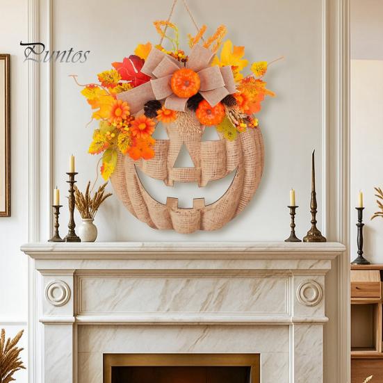 Illuminated Pumpkin Garland with Lights Wooden Halloween Door Sign LED Lights, Artificial Floral Hanging Burlap Wreath Berries Ornament for