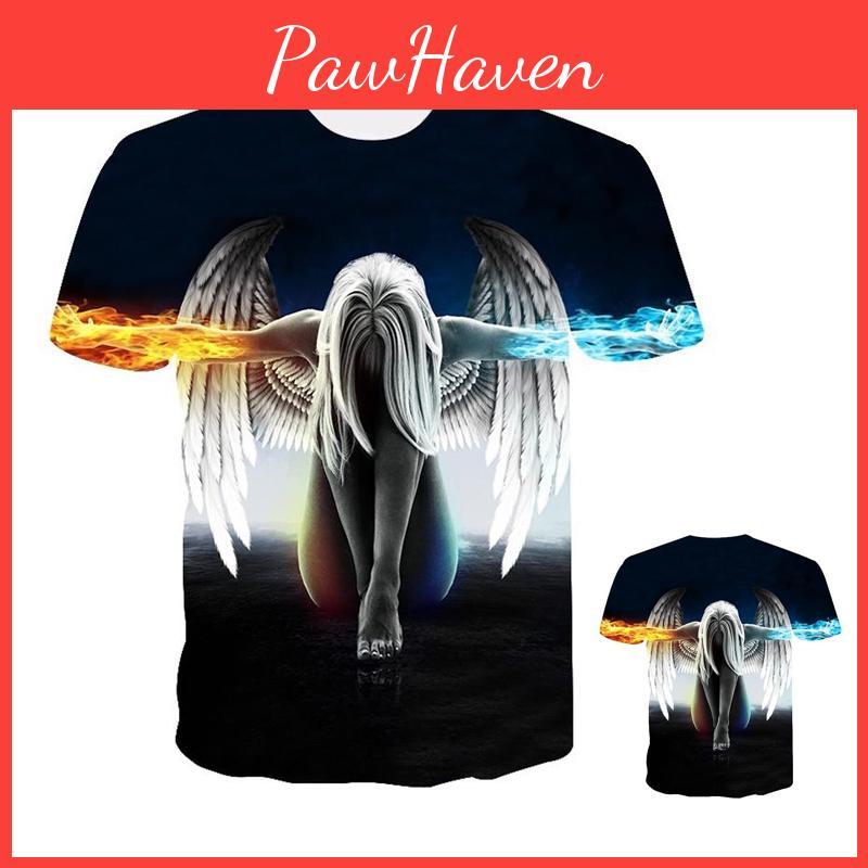 Exquisite Fire Ice Wings Angel Printed 3d T-shirts With Hip Hop Flair For Trendsetters