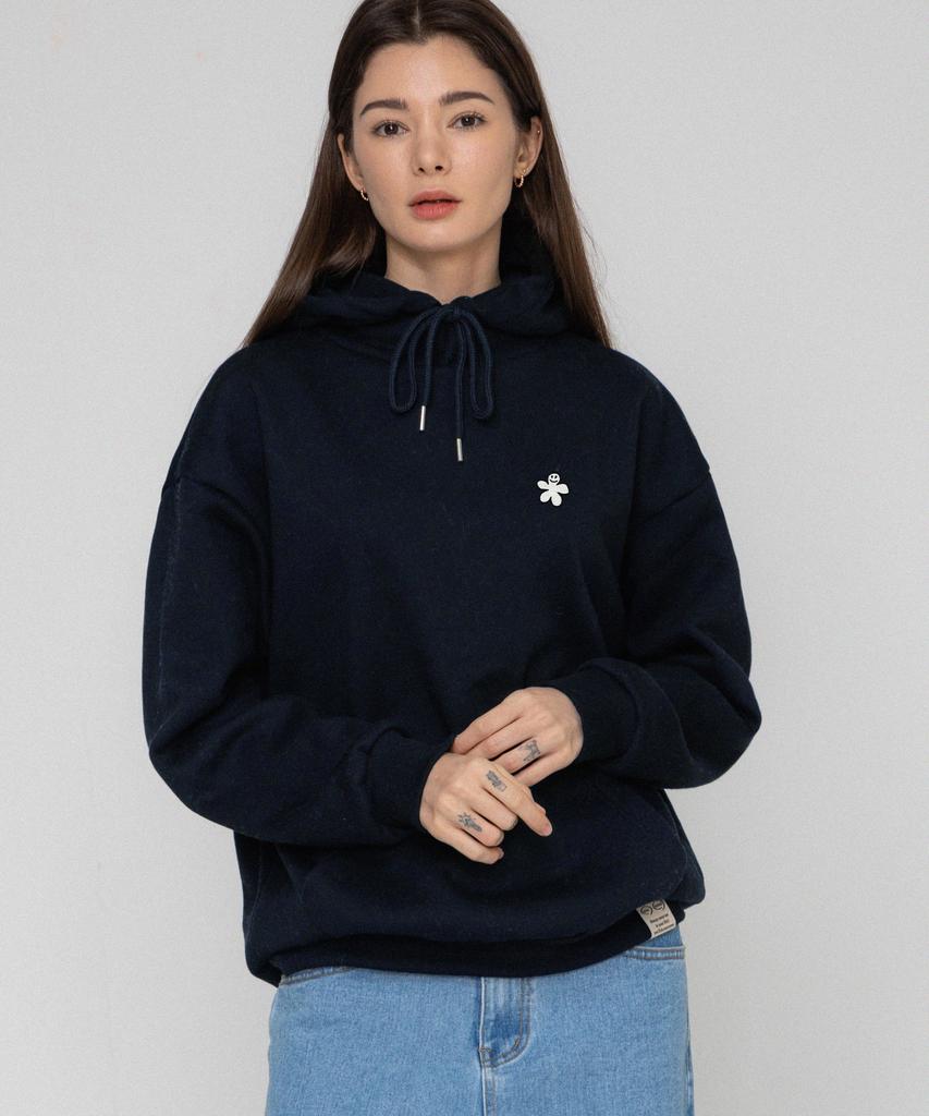 [Unisex] White Odd Flower Embroidered Hoodie_Navy