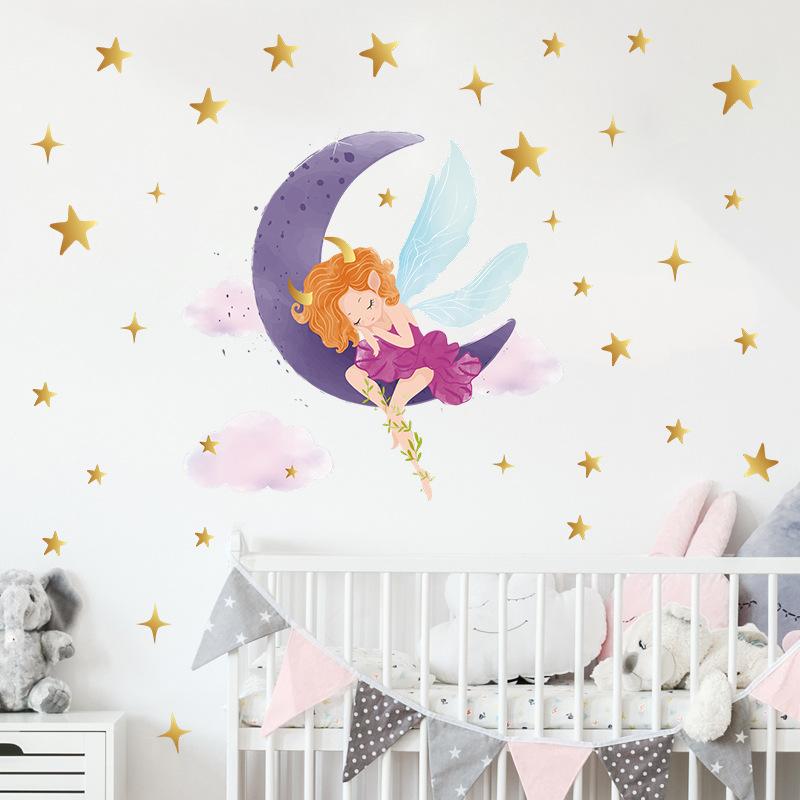 Goodnight Moon Girl with Stars and Clouds Wall Sticker Self-Adhesive Removable for Kids Room Nursery Home Decor