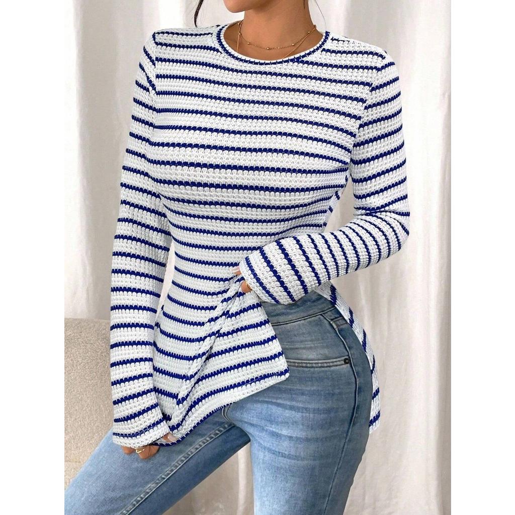 Nowa, swobodna, damska koszula z okrągłym dekoltem i długim rękawem, uniwersalny top z rozcięciem, seksowny T-shirt