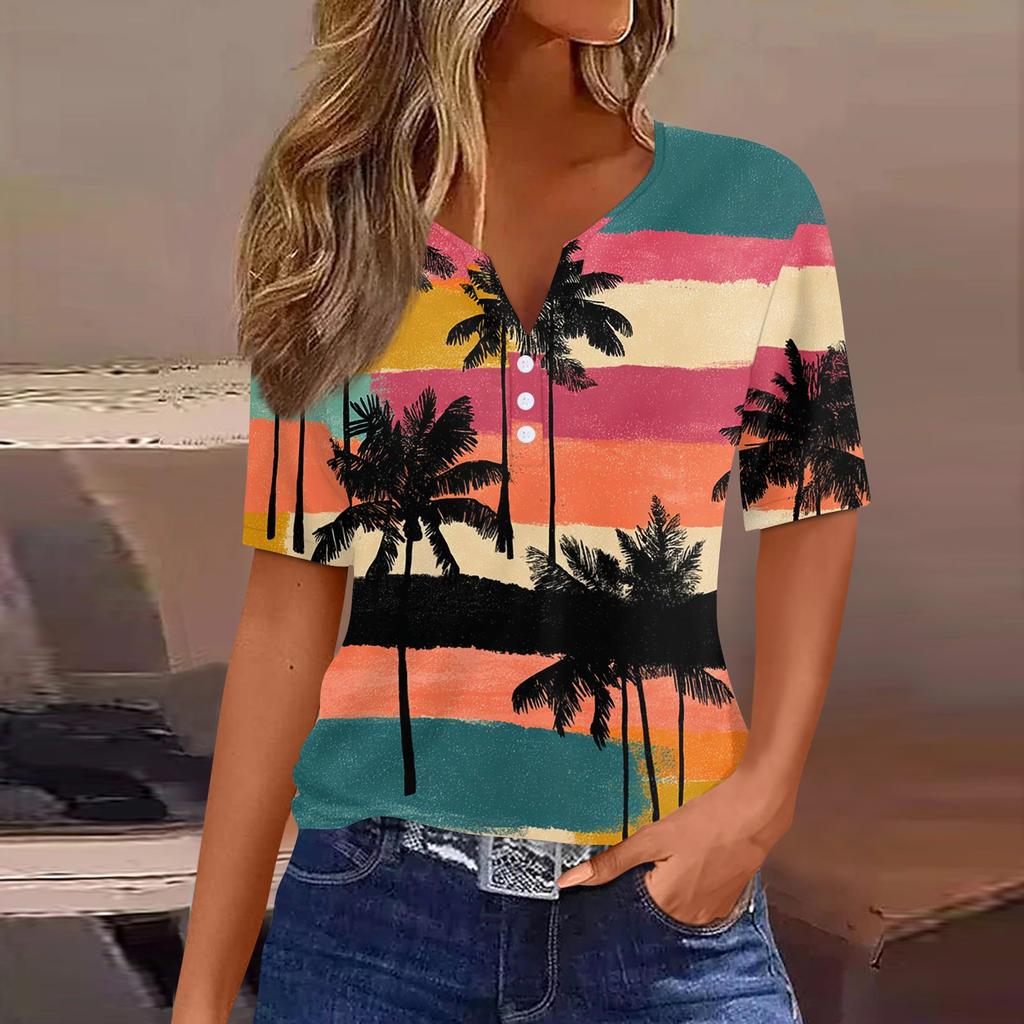 Women's fashionable casual Hawaiian print V-neck short-sleeved button-down T-shirt top