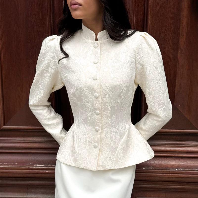 Women New Chinese Style Stand Collar Long Sleeve Waisted Puff Sleeve A Line Outerwear Coat