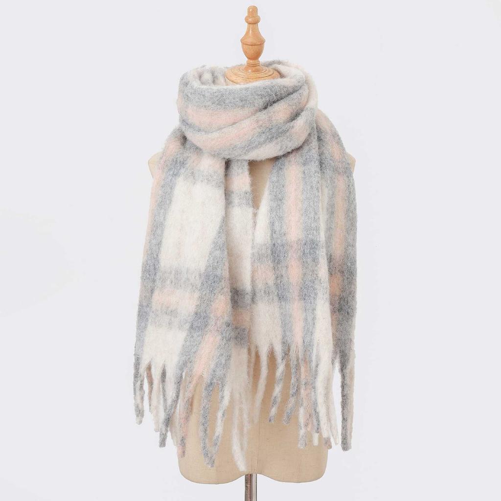 Autumn and winter wool plaid scarf women's high-end imitation cashmere versatile simple warm thickened fringed scarf