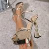 Eiyken Fashion CRYSTAL Diamond Hollow Out Mesh Peep Toe Platform Woman Sandals Ankle Buckle Strap Square High Heels Party Shoes