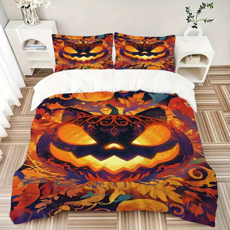 3pc Pumpkin Halloween Cover Set - 1 Quilt Cover + 2 Pillowcases, All Seasons Bedroom Setting, Perfect for Home008