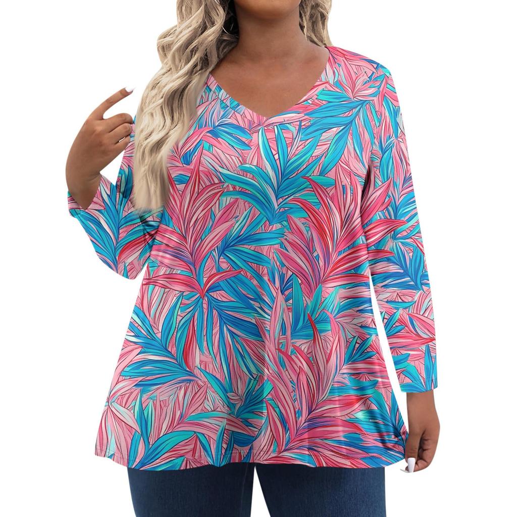Women's Fashionable Casual Long Sleeved Plus Size Floral Print Top Plus Size Floral Print Top