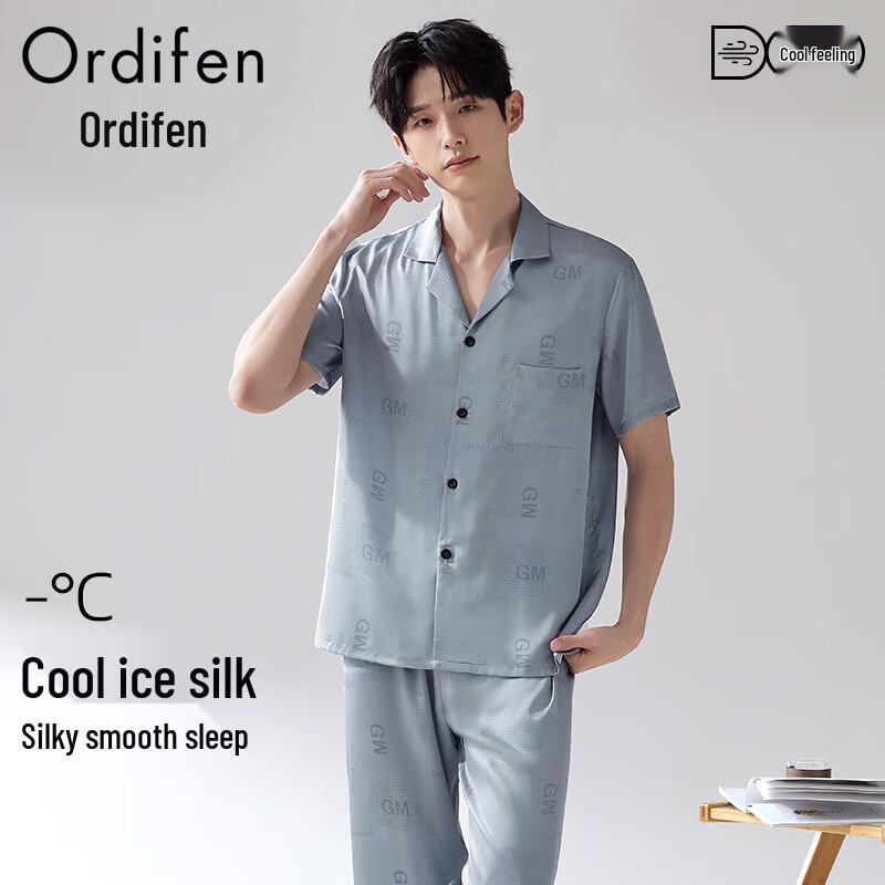 Men s Satin Ice Silk Short Sleeve Pajama Set L