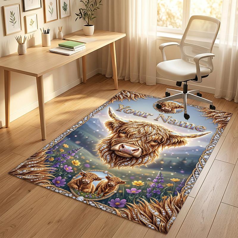 Tappeto in Velluto Cristallo Tema Mucca Highland Nome Personalizzato Testo Tappetino Morbido per Pavimento Decorazione Casa