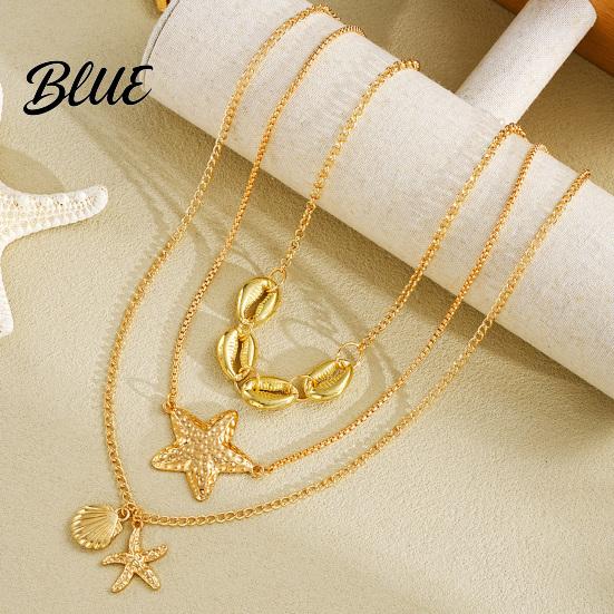 Three Layer Necklace Seashell Starfish Pendant Coastal Style Layered Marine
