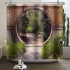 Natural Garden Landscape Shower Curtain With Rustic Round Wooden Door, Green Botany Leaves Farmhouse Style Bathroom Set