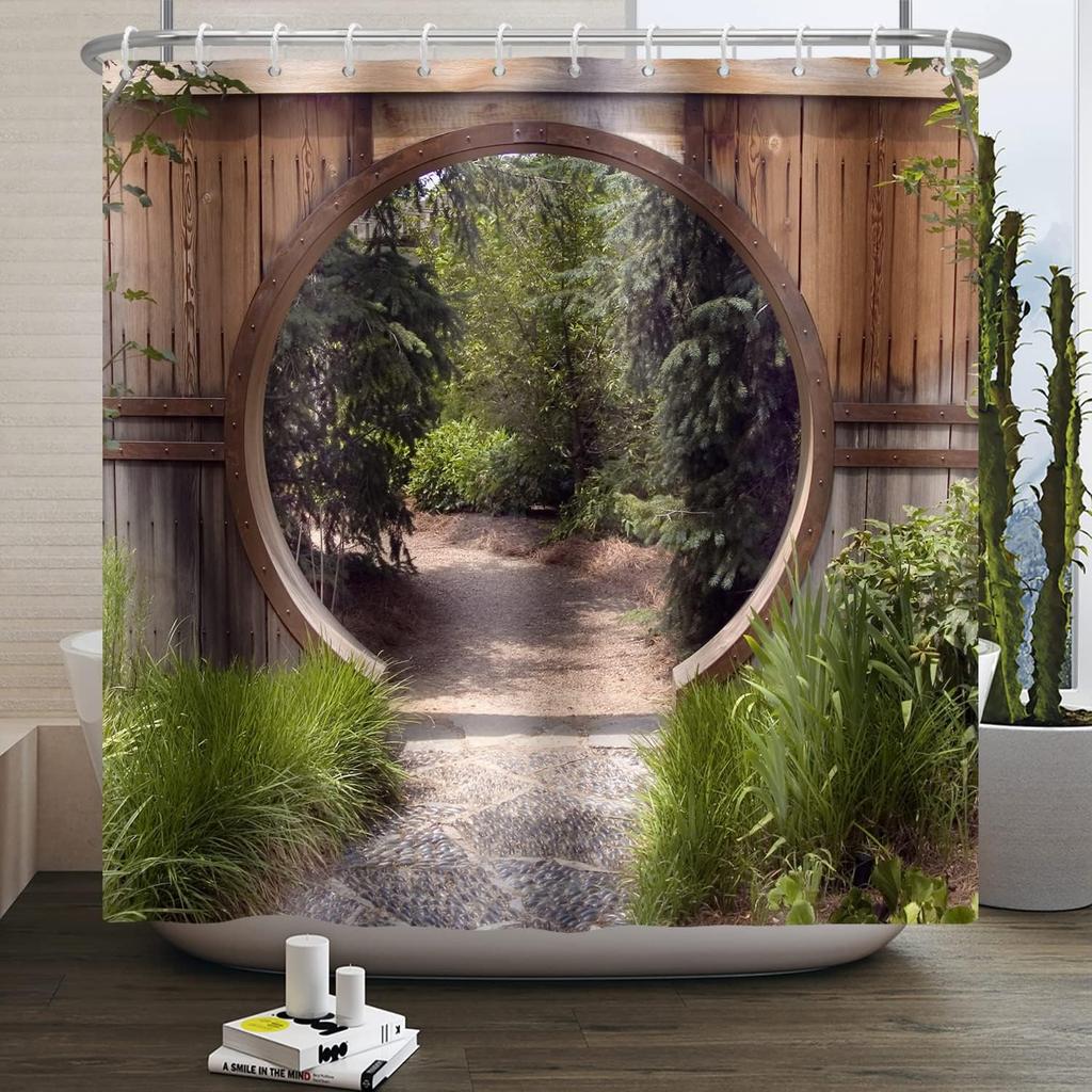 Natural Garden Landscape Shower Curtain With Rustic Round Wooden Door, Green Botany Leaves Farmhouse Style Bathroom Set