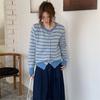 Long-sleeved Contrasting Color Soft Waxy Striped Crew Neck Single-breasted Knitted Cardigan Women's Autumn New Sweater Jacket Top