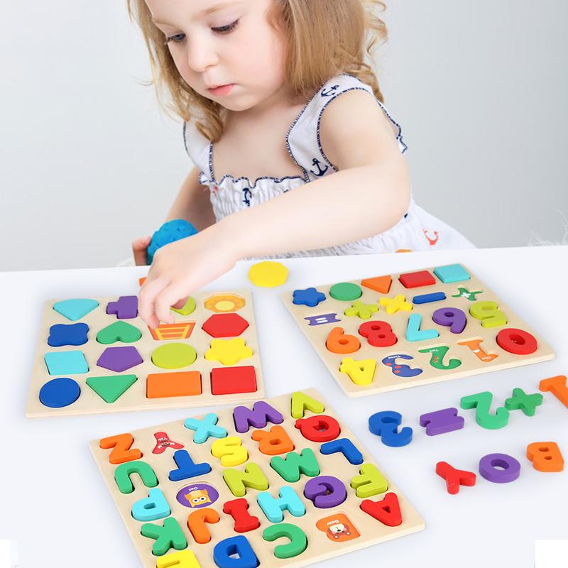 Ids Alphabetic Arithmetic Number Geometric Shapes Wooden Puzzle Montessori Preschool Learning Educational Game Toy for Children