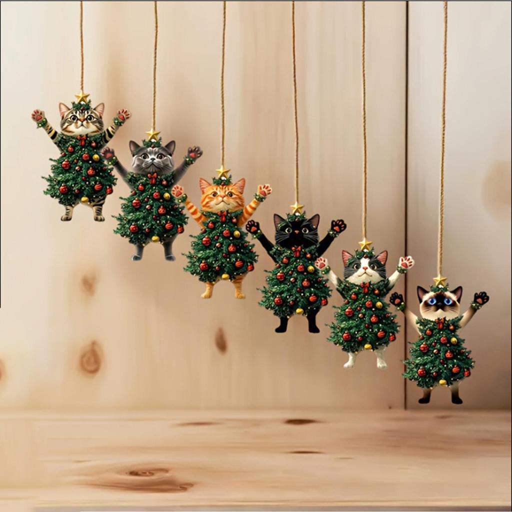 6PCS Christmas Tree Pendants Cute Cat Hanging Ornaments 2D Flat Wooden Pendant For Car Backpack Xmas Tree Decorations Party