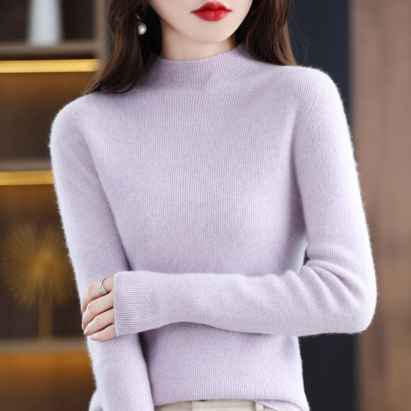 Women's Pure Wool Long Sleeve Pullover Sweater with Half-High Neck - Solid Color, Base Layer for Autumn and Winter