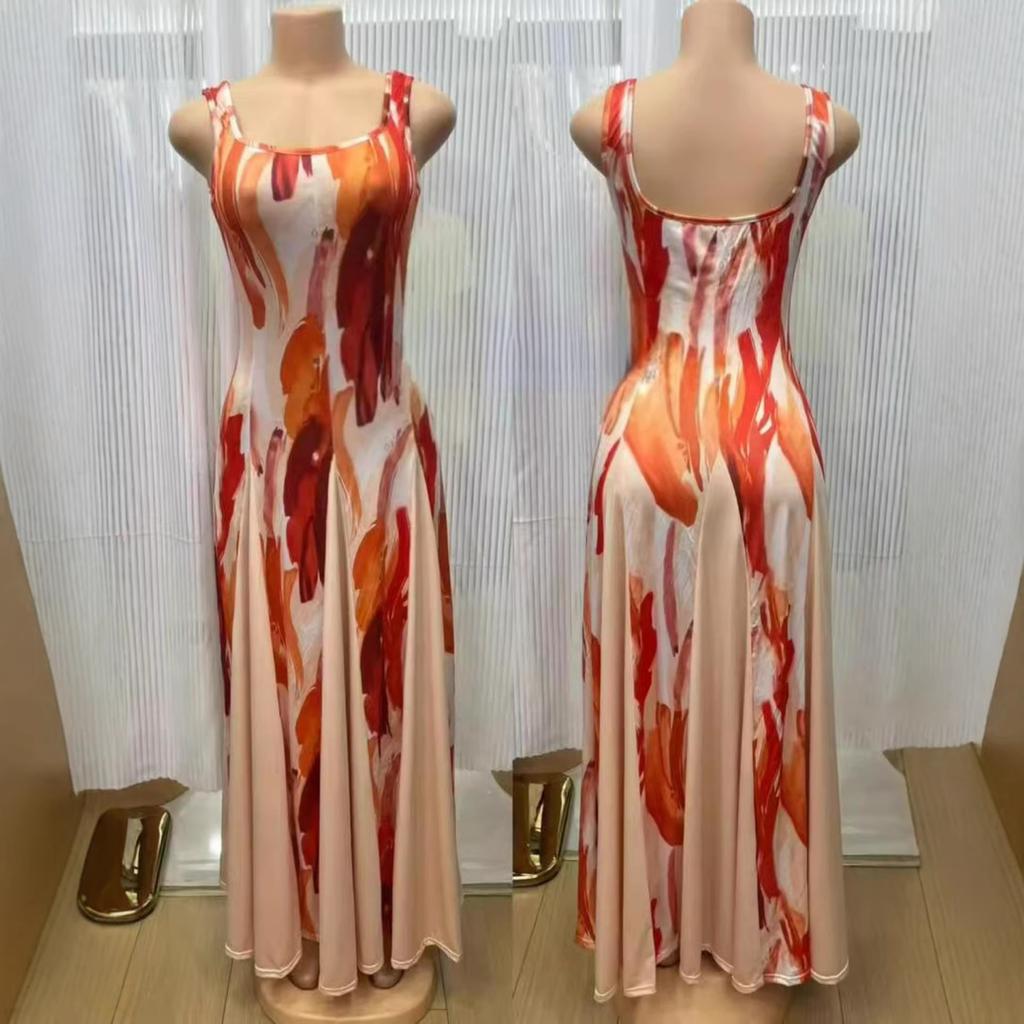 Spot European and American Women's Clothing Waist Swing Skirt Sleeveless Long Dress