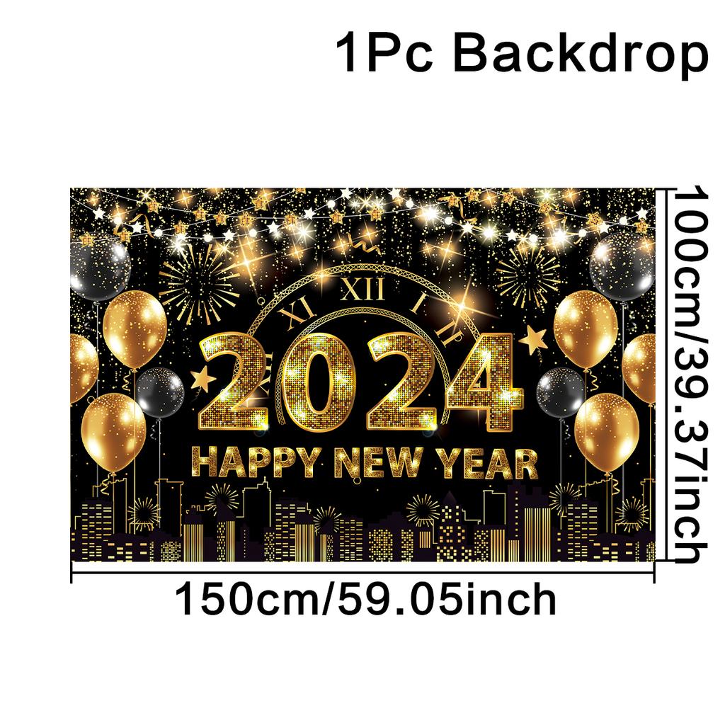 2024 New Year Party Backdrop Firework Clock Bokeh Champagne Photocall Celebrate Banner Boy Girl Adult Backgrounds Decoration