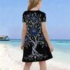 Girls Round Neck Short Sleeve Black Blue Floral Tree Printed A Line Flared Dress
