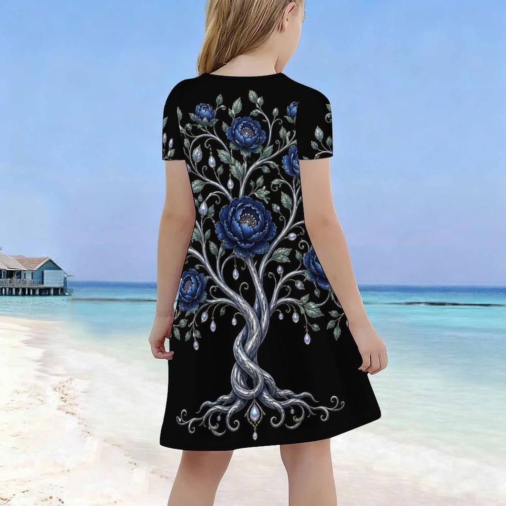 Girls Round Neck Short Sleeve Black Blue Floral Tree Printed A Line Flared Dress