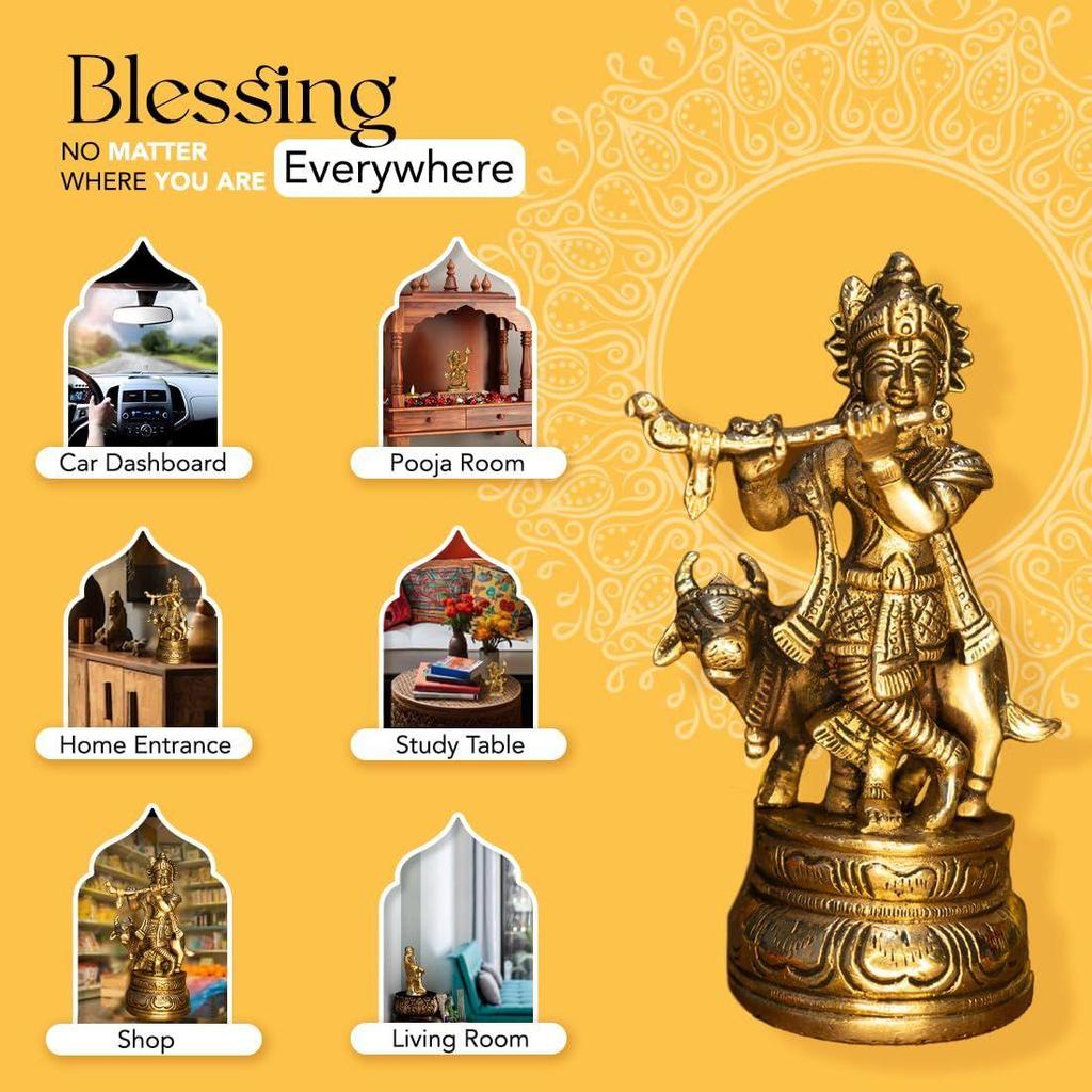 Ekhasa 100% Pure Brass Lord Krishna Idol with Flute | Shree Lord Krishna Statue for Home Decor