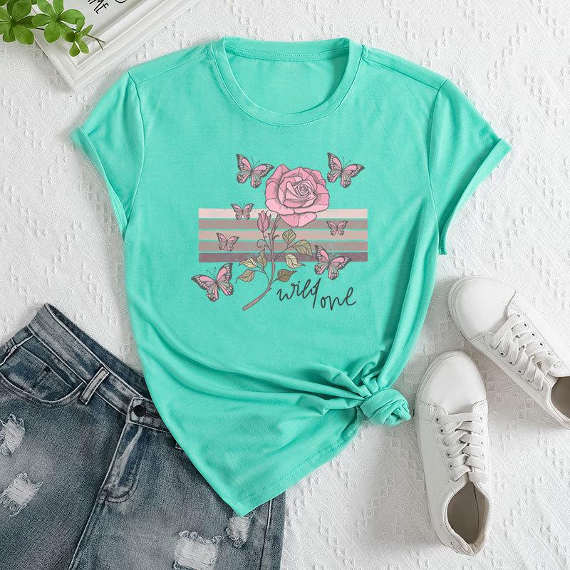 

Летний женский модный повседневный свободный топ из хлопка с круглым вырезом и короткими рукавами с принтом роз 3XL