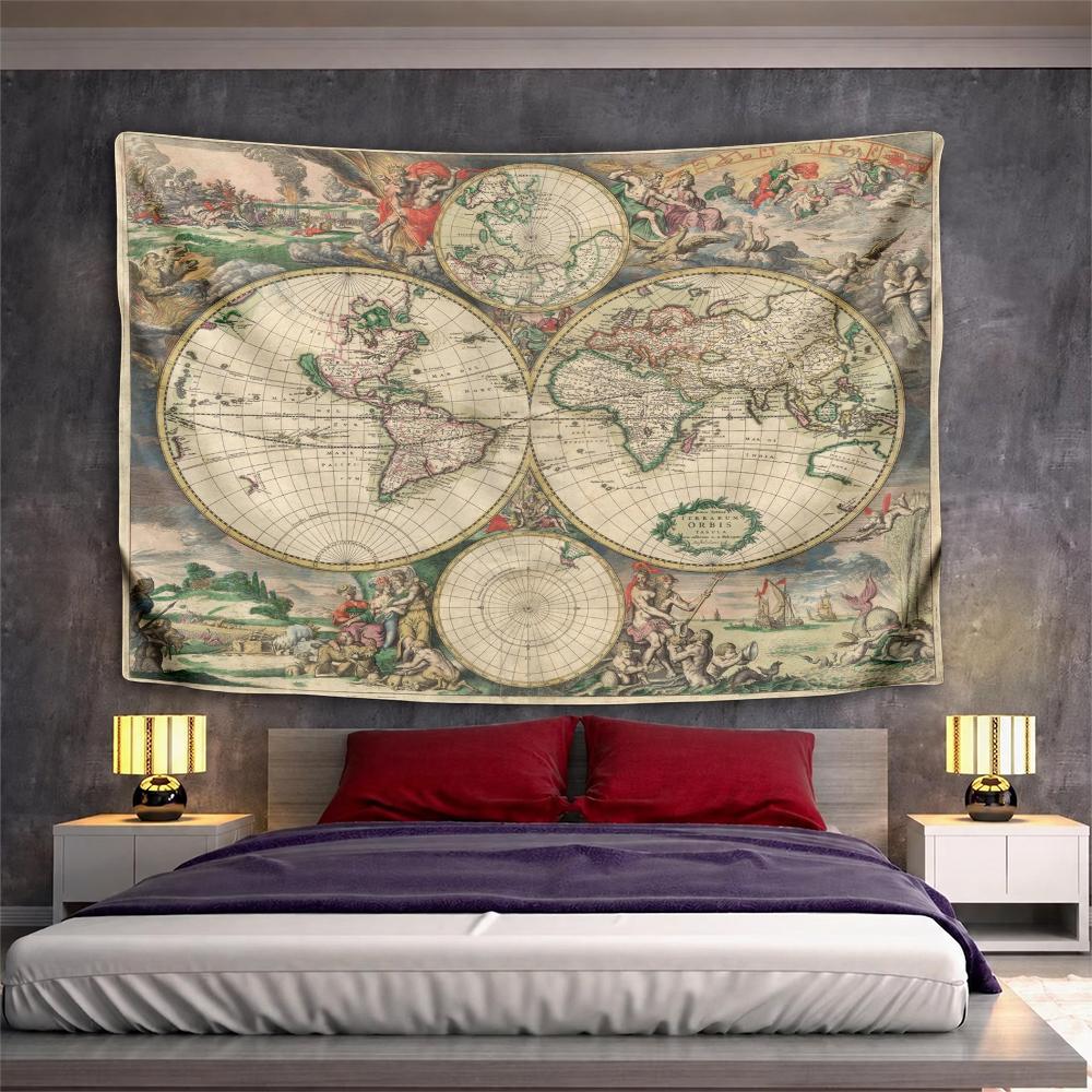 Vintage world map with historical figures and decorations Patterned tapestry for bedroom and living room home decor sofas