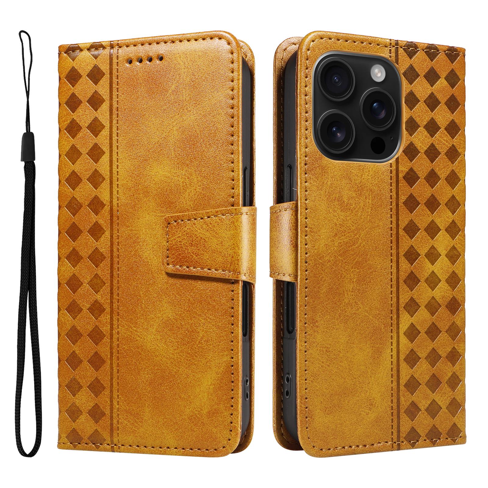 

For iPhone 16 Pro Leather Case Wallet Stand Grids Imprinted Phone Cover with Strap Yellow