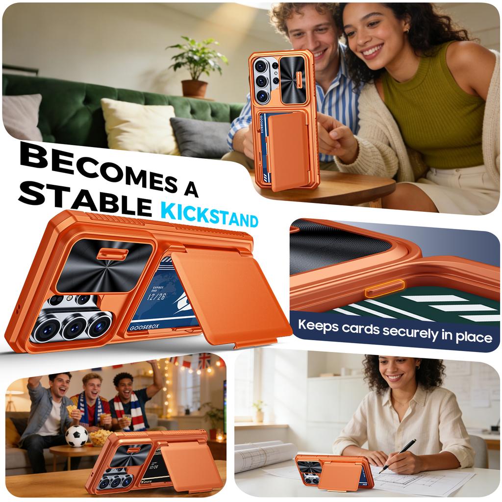Mit Kartenhalter, Schiebefach für die Kamera und Ständer für Samsung Galaxy S26 Ultra Handyhülle, Anti-Fall PC+TPU Brieftaschenhülle-Orange