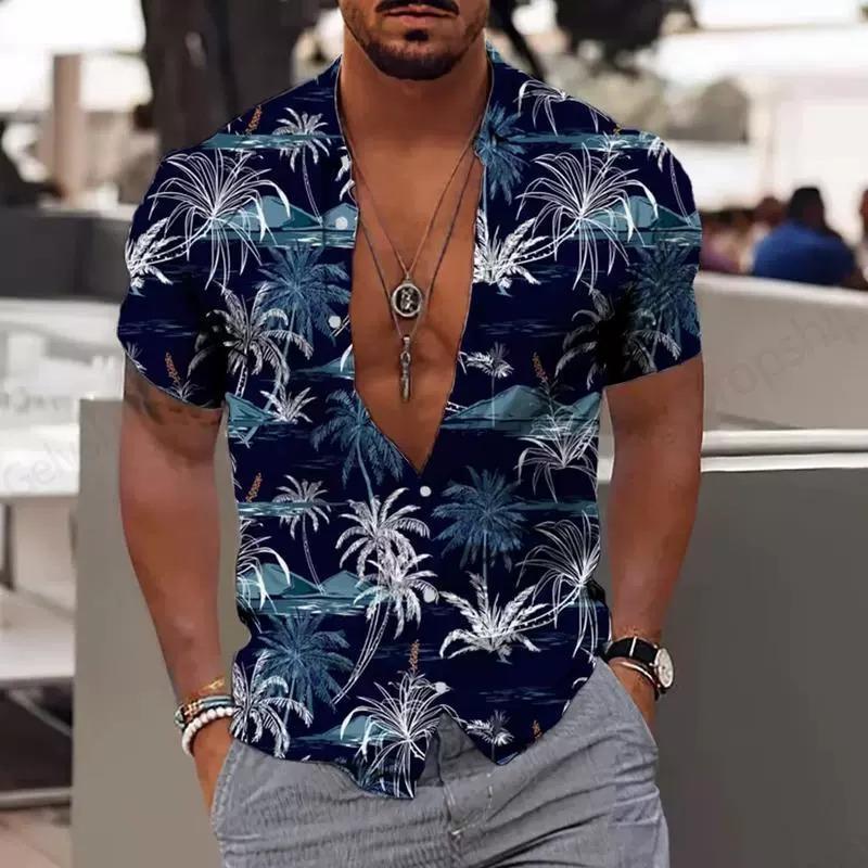 Camisa Havaiana Casual de Verão Masculina com Colarinho Cardigã de Lapela com Botões de Manga Curta