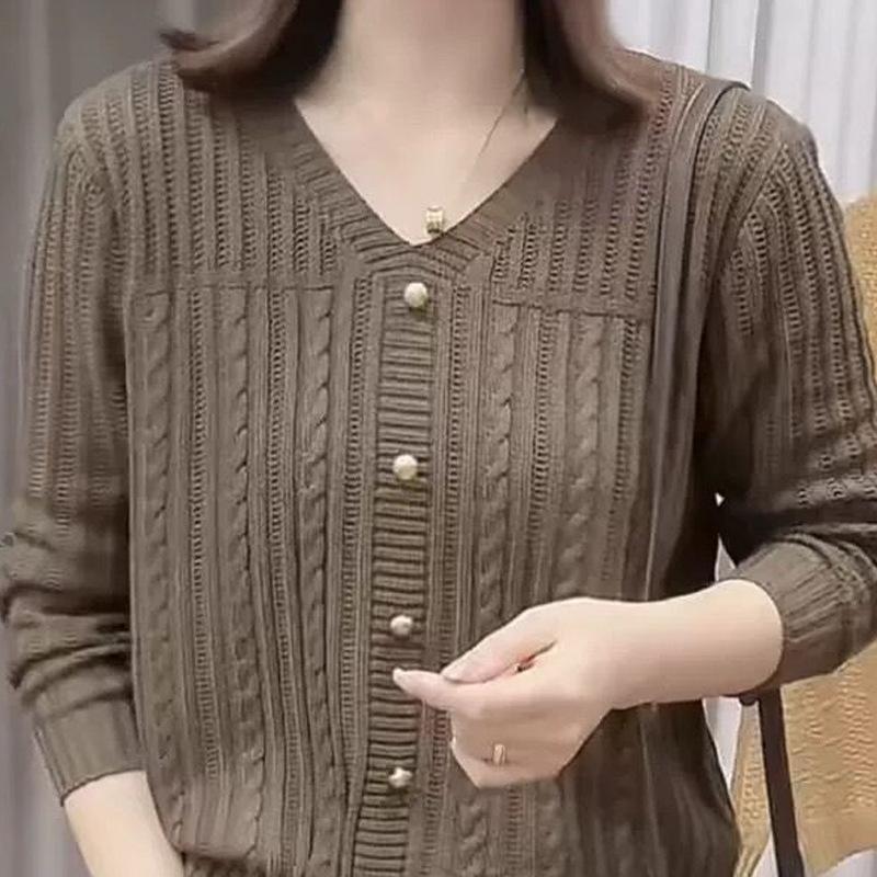 Autumn Women's Knitted Sweater Long Sleeve Design Loose Knitted Top V-Neck Medium Length Sweater