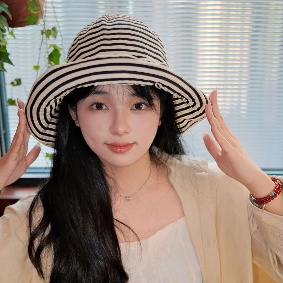 Foldable Striped Bucket Hat UPF + UV Protection Lightweight Foldable Rollable Contrasting Sun Hat