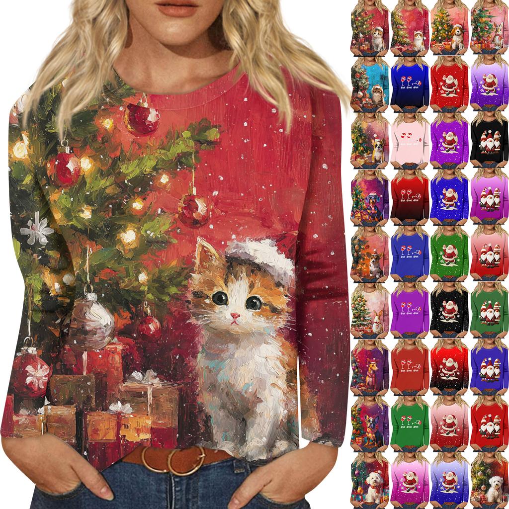 Women's Loose Comfortable Casual Fashion Round Neck Christmas Print Long Sleeve Hoodie