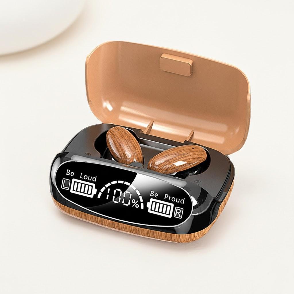 

Fashion TWS Wireless Bluetooth 5.2 Wood Grain Sport Earbuds with HD Mirror LED Display Touch Control Stereo Sound червоний