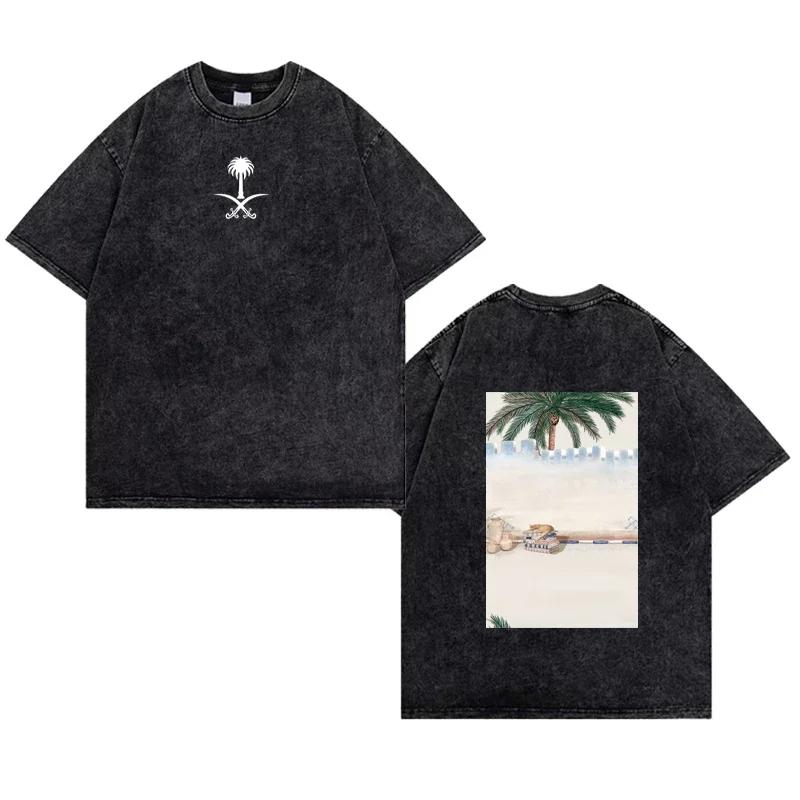 Hot Saudi National Day Graphic Print T-shirt Men Women Vintage Washed Cotton Loose Casual Oversized Top Harajuku Fashion Short Sleeve Summer New Tee