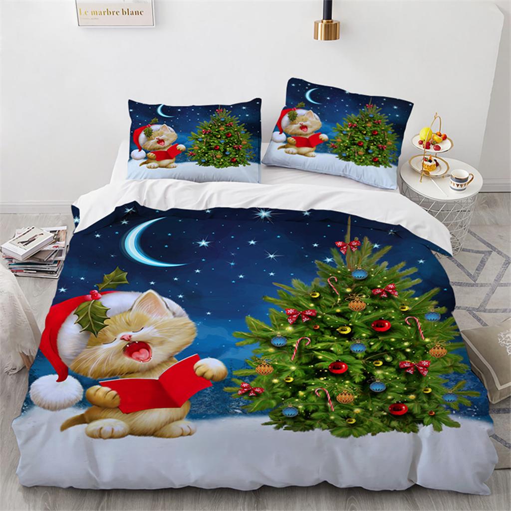 Christmas Cat Duvet Cover Merry Christmas Microfiber Cartoon Animal Santa Claus for Women Children Teen Gift Bedroom Decorations