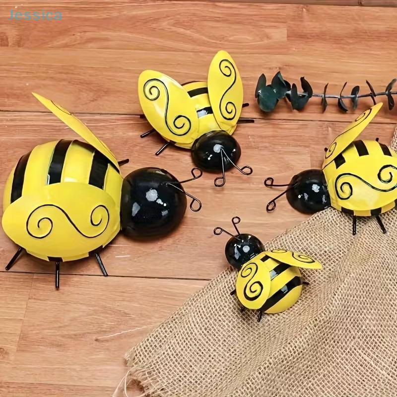 4Pcsset Wrought Iron Bee Hanging Ornament Garden Balcony Courtyard Metal Craft Wall Decoration